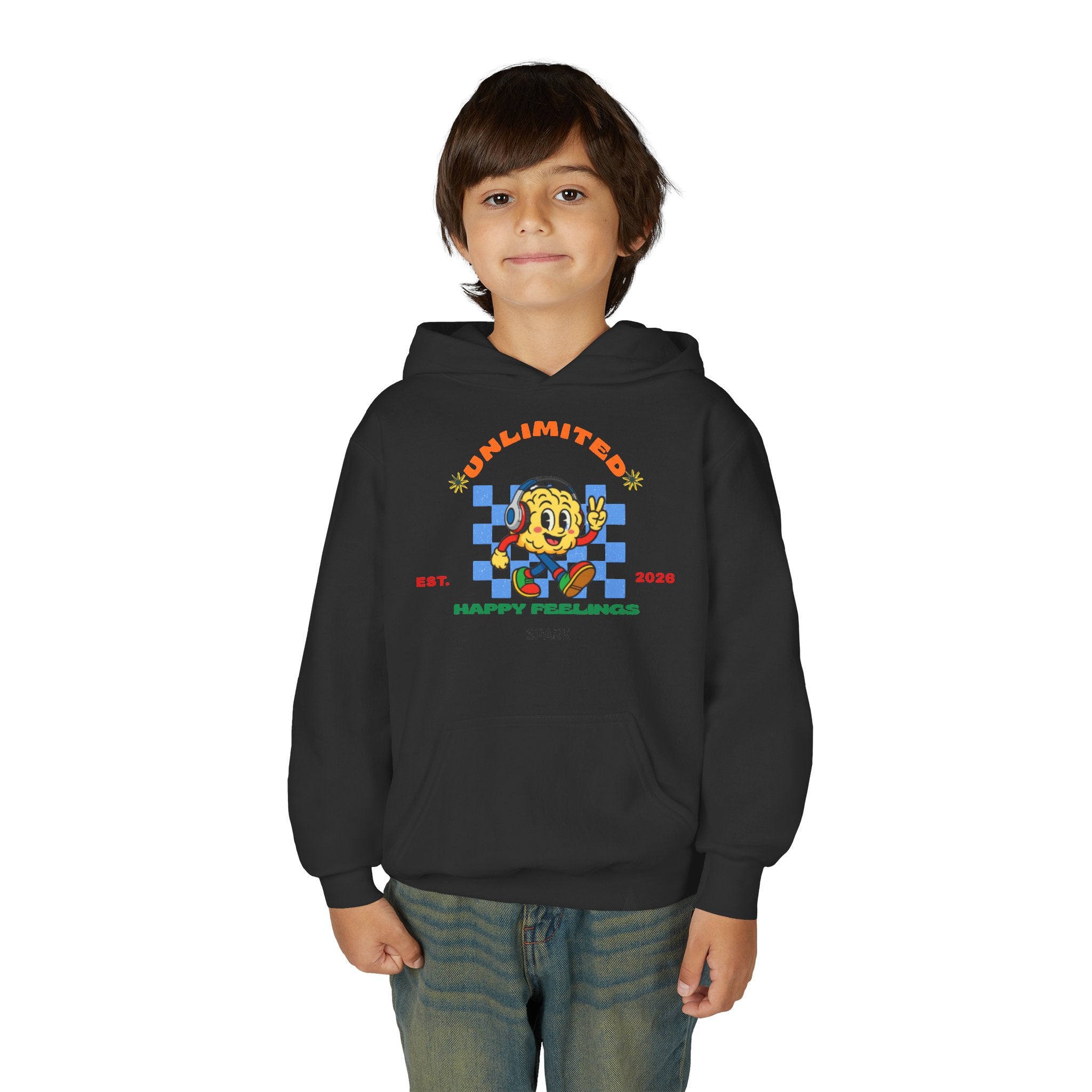 SPARK Wired Differently Youth Hoodie | Unlimited Happy Feelings Retro Sweatshirt